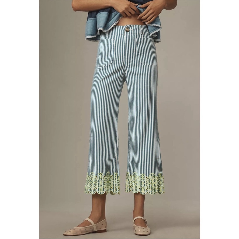 Anthropologie Colette Cropped Wide-Leg Embroidered Pants by Maeve Size 8P
